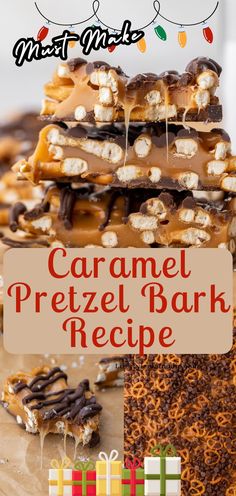 caramel pretzel bark recipe with text overlay