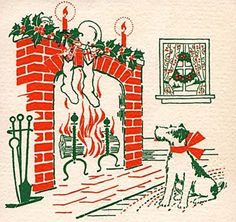 an old christmas card with a dog sitting in front of a fireplace