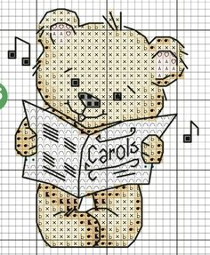 a cross stitch teddy bear is reading a newspaper with music notes on it's chest