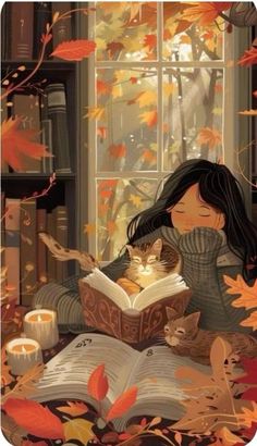 a girl reading a book with her cat in front of an open window surrounded by autumn leaves