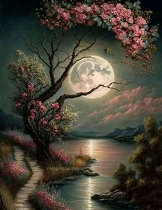 a painting of a full moon over a lake with pink flowers on the tree branches