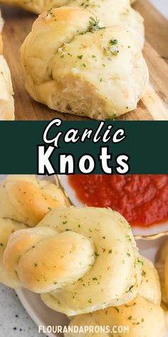 garlic knots on a cutting board with ketchup and sauce