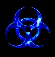 a blue biohazard sign on a black background