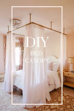 a white canopy bed with the words diy bed canopy