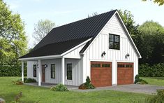 a two car garage with an attached porch and dormer above the garage is shown in this rendering