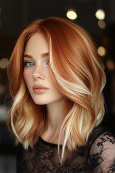 Copper Hair On Blonde, Red Hair With White Front Pieces, Blond To Auburn Hair, Light Brown To Red Ombre, Red Orange And Blonde Hair, Copper Hair With Platinum Highlights, Stripes Hair Color Highlights, Blond With Orange Highlights, Orange With Blonde Money Piece