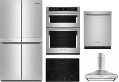 stainless steel kitchen appliances including refrigerator, stove and range