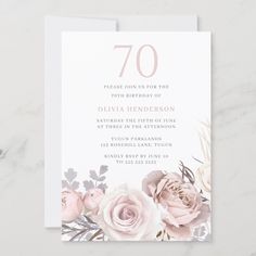 the floral 90th birthday party card features pink roses and greenery on white paper