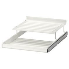 two tiered shelfs with metal handles on each side, one white and the other gray