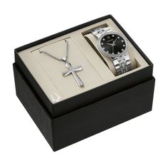 Surprise him with a sophisticated expression of style - this men's Bulova Crystal watch with a black dial and cross pendant set. The black dial features silver-toned hands and crystal markers. 40.0mm stainless steel case with mineral crystal and a crystal-lined bezel Japanese quartz movement keeps accurate time. The stainless steel bracelet showcases crystal-lined center links and secures with a fold-over clasp. Water resistant to 30 meters, this watch includes a 3-year limited manufacturer warr Crystal Watch, Mens Watch Box, Monkey Birthday, Stainless Steel Cross Pendant, Bulova Watches, Crystal Watches, Peoples Jewellers, Friend Gifts, Birthday Gifts For Boyfriend