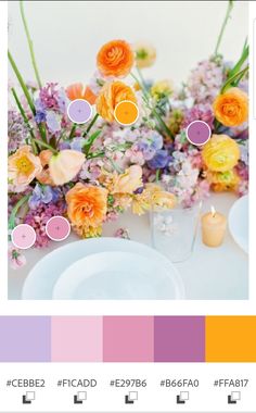 Table centerpiece of orange, pink, and purple flowers with colors picked out to make a color palette- #CEBBE2 #F1CADD #E297B6 #B66FA0 #FFA817 Pink Lilac Orange Wedding, Modern Korean Wedding Decor, Wedding Palette Purple, Bridal Shower Colors Palette, Spring Wildflower Color Palette, Lavender And Peach, Orange Peach Purple Wedding, Wedding Themes Bright Colors, Colorful Spring Wedding Palette