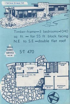 a blue and white advertisement for a house with two floor plans on the same page