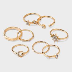 Eight-piece ring set from Wild Fable™ in gold-tone with clear crystal accents and varying celestial-themed designs. Includes star, moon, band rings and more. Great for pairing with your favorite necklaces and/or earrings. If you’re not satisfied with any Target Owned Brand item, return it within one year with a receipt for an exchange or a refund. Wild Fable™: A look for every story. Multi Ring, Ring Trends, Moon Ring, Butterfly Ring, Textured Ring, Star Moon, Cubic Zirconia Rings, Flower Ring, Wild Fable