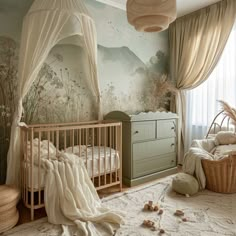 a baby's room with a crib, dresser and bed