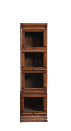 a wooden bookcase with three glass shelves