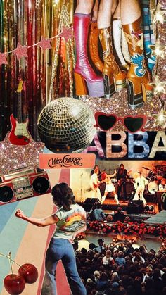 a collage of photos with people dancing and disco balls