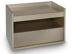 a white and beige shelf with two open compartments on each side, one is empty