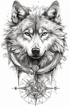 a drawing of a wolf's head and compass