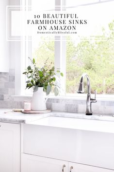 a white kitchen sink sitting under a window next to a potted plant on top of a counter