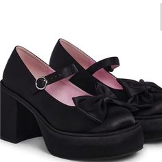 Brand New Black Platform, Mary Jane With Large Satin Bow Gorgeous, Can Be Worn With Any Outfit Htf Size 9 Mary Jane Platforms, Black Mary Janes, Black Mary Jane Heels, Dolls Kill Shoes, Dr Closet, Gothic Shoes, Platform Mary Janes, Goth Dress, Mary Jane Heels