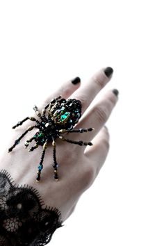 Spider jewelry Gothic ring Statement ring by PurePearlBoutique Embroidered Ring, Beaded Bugs, Black Weddings, Gothic Spider, Spider Ring, Unique Gifts For Sister, Spider Jewelry, Beaded Spiders, Insect Jewelry