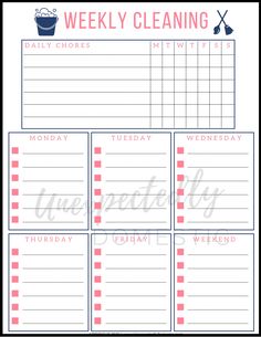 the printable weekly cleaning checklist is shown in pink and blue, with an image of