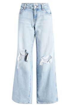 A baggy fit and slashed rips lend an edgier take on casual wide-leg jeans cut from nonstretch denim in a light wash. 32" inseam; 22" leg opening; 10" front rise; 14" back rise (size 29) Zip fly with button closure Five-pocket style 100% cotton Machine wash, line dry Imported Baggy Holey Jeans, Ripoed Jeans, Light Wash Denim Outfit, Baggy Light Blue Jeans, Cute Baggy Jeans, Light Wash Baggy Jeans, Cute Blue Jeans, Baggy Jeans 90s, Wide Legs Jeans