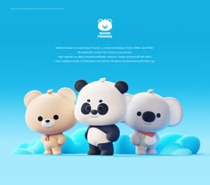 three little panda bears standing next to each other in front of a blue sky with clouds