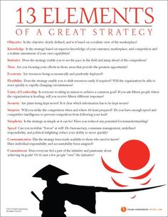 an advertisement with the title 13 elements of a great strategy in red and black text