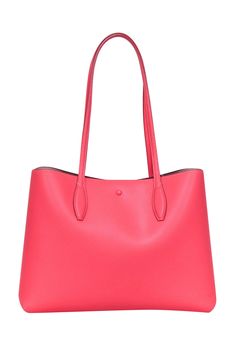 Spice up your summer wardrobe with this Kate Spade tote bag! Made with bright coral pink pebbled leather and a saffiano leather lining, this bag is perfect for the office or a warm weather adventure. The top hook closure adds a unique touch to this summer staple. 100% Pebbled Leather exterior 100% Saffiano Leather interior Top hook closure detail Logo front Come with a dust bag Height 11" Width 14.5" Depth 5.5" Strap drop 11.5" Kate Spade Bag Pink, Kate Spade Totes, Classic Wardrobe Staples, Kate Spade Tote Bag, Kate Spade Accessories, Kate Spade Purse, Summer Staples, Kate Spade Bag, Coral Pink