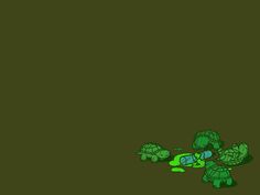 three little turtles are crawling around in the dark green background, and one turtle is laying on its back