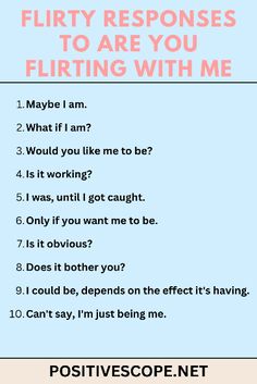 a poster with the words flirty responses to are you flirting with me?