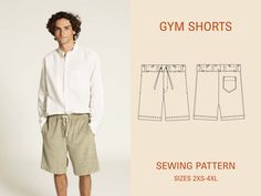 Shorts sewing pattern in men's sizes 2xs-4xl, Gym shorts with pockets PDF sewing pattern, Easy project for beginners These shorts are perfect for everyday wear, lounging around the house, or hitting the gym. Make in jersey, sweat, or light woven material. Choose from two length options - short or below the knee. With pockets, they are functional and stylish. The combination of comfort and style makes these shorts perfect for any occasion.  Skill level 2/4 With easy-to-follow detailed instruction