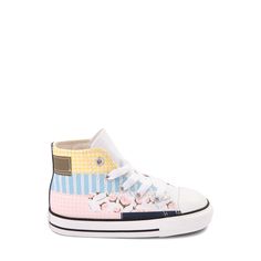 Converse Chuck Taylor All Star Hi Sneaker - Baby / Toddler - Picnic Patchwork Playful Multicolor Spring Sneakers, Spring Sporty Cotton High-top Sneakers, Multicolor Canvas High-top Sneakers With Round Toe, Spring Cotton High-top Sneakers With Round Toe, Multicolor Canvas High-top Sneakers, Multicolor High-top Canvas Sneakers, Playful High-top Sneakers For Spring, Multicolor Low-top Cotton Sneakers, Cute Multicolor High-top Sneakers