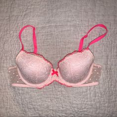 Baby Pink And Neon Pink Trim, Never Worn Victoria’s Secret Lace Bra With Sheer Mesh Sides. Very Soft, Dainty And Feminine Yet Sexy. Cute Lace Bra, Bras Cute, Coquette Bra, Pink Bras, Vs Pink Bras, Pink Lace Bra, Pretty Bras, Cute Bras, Men Streetwear