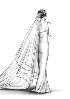 a drawing of a woman in a wedding dress with her veil draped over her head