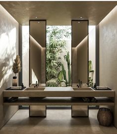 a bathroom with two sinks, mirrors and plants in the mirror above it is an indoor shower