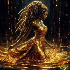 a painting of a woman in gold dress standing in water with her hair blowing back