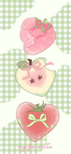 three different types of fruit on a green and white checkered background