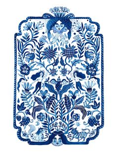 a blue and white plate with birds, flowers and leaves on the border is shown