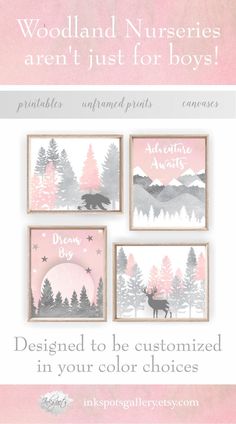 the woodland nursery wall art is shown in pink and grey