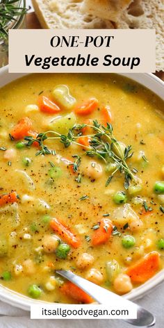 one pot vegetable soup in a white bowl with a spoon and bread on the side