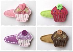 four different types of fabric appliques with buttons in the shape of cupcakes