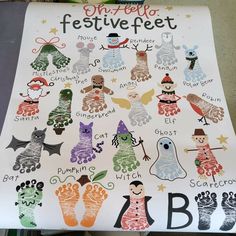 a poster with different hand and foot prints on it's front cover that says happy feet festive feet