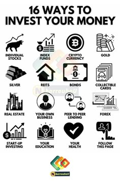 the 16 ways to invest your money poster is shown in black and white, with various symbols