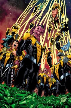 the x - men are standing in front of an explosion of green and yellow objects