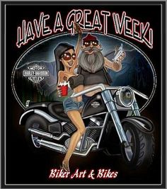 a woman riding on the back of a motorcycle next to a man with a beard