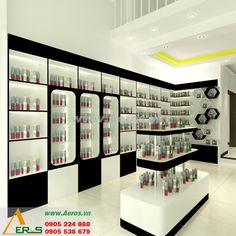 the interior of a cosmetics store with shelves full of products