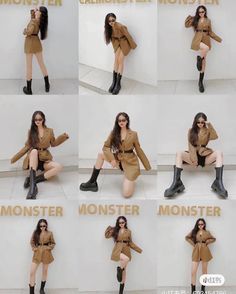 a woman sitting on the ground with her legs crossed and wearing boots in different poses