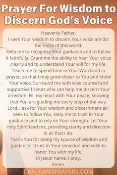 a prayer card with the words, prayer for wisdom to discern god's voice